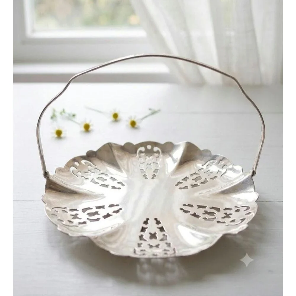 Vintage Swedish Silver Plated Pierced Basket with Swing Handle